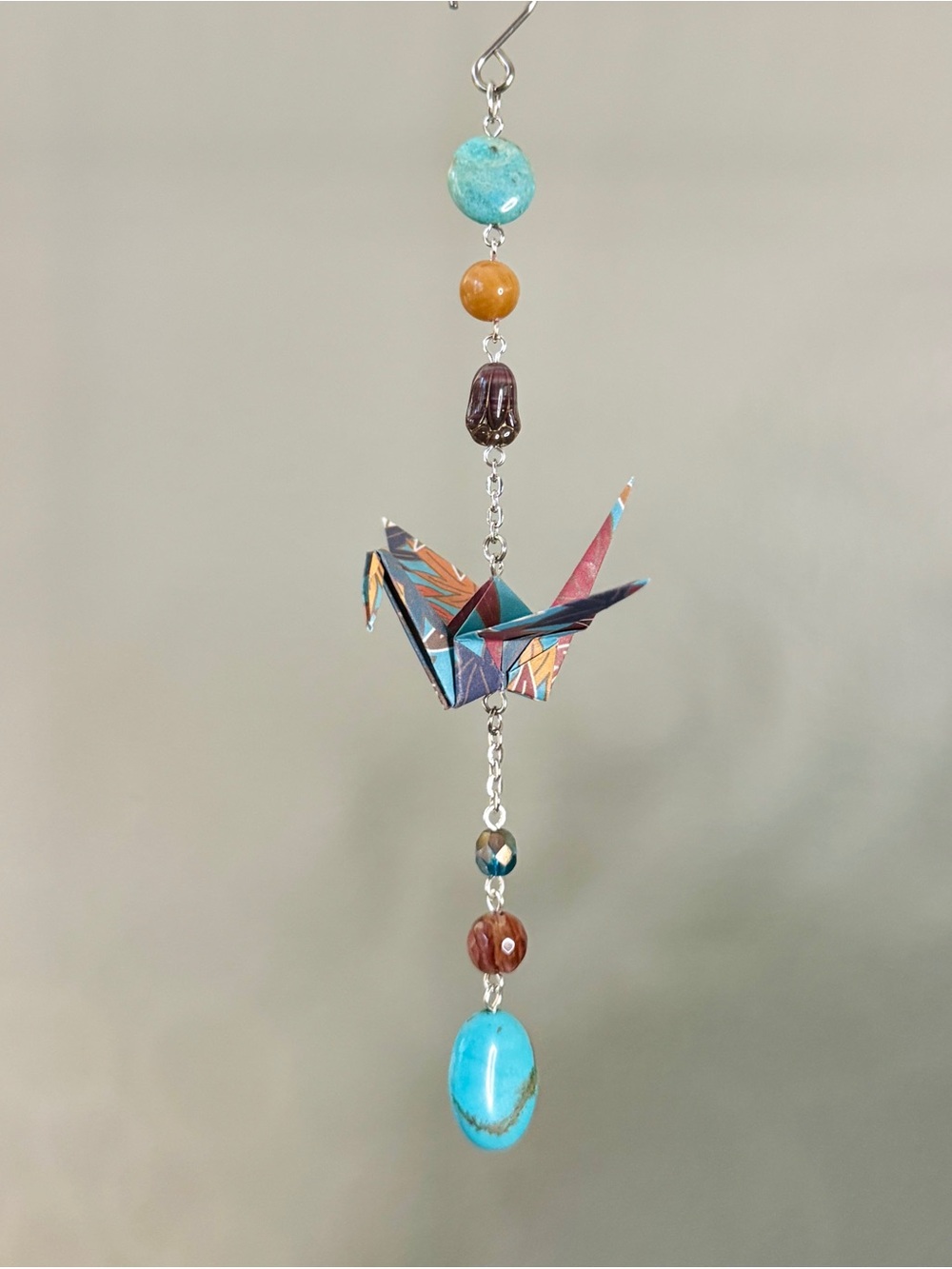 Origami Ornament #2542 - Small Crane with Stone and Glass Beads